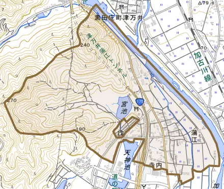 蒲江とその周辺の地図。町の範囲を重ねている