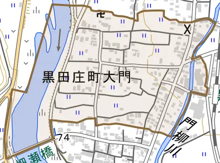 黒田庄町大門とその周辺の地図。町の範囲を重ねている