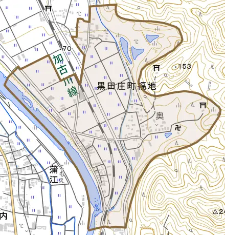 黒田庄町福地とその周辺の地図。町の範囲を重ねている