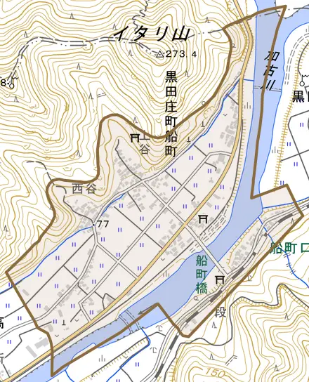 黒田庄町船町とその周辺の地図。町の範囲を重ねている