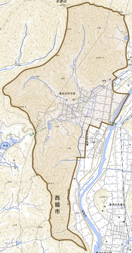 黒田庄町石原とその周辺の地図。町の範囲を重ねている