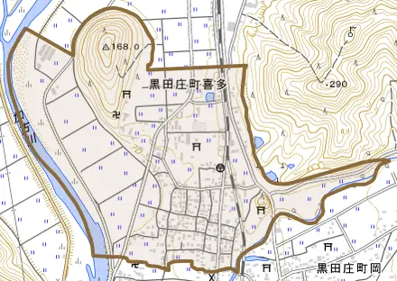 黒田庄町喜多とその周辺の地図。町の範囲を重ねている