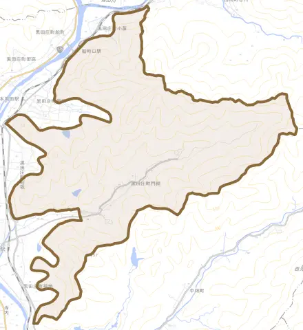 黒田庄町門柳とその周辺の地図。町の範囲を重ねている