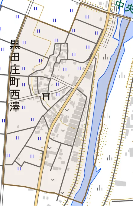 黒田庄町西澤とその周辺の地図。町の範囲を重ねている