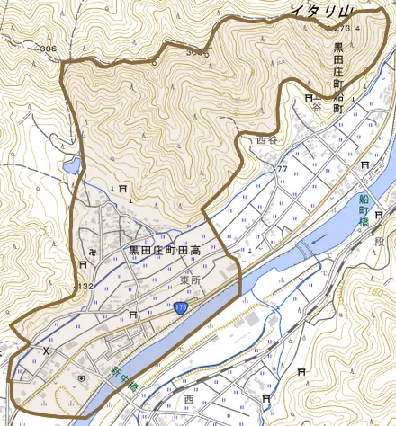 黒田庄町田高とその周辺の地図。町の範囲を重ねている