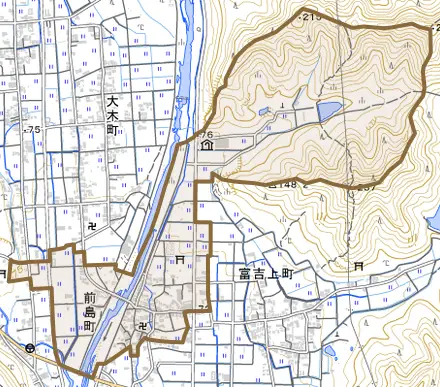 前島町とその周辺の地図。町の範囲を重ねている
