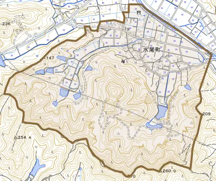水尾町とその周辺の地図。町の範囲を重ねている