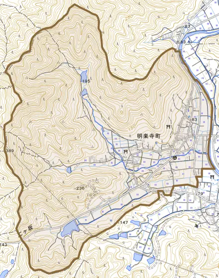 明楽寺町とその周辺の地図。町の範囲を重ねている