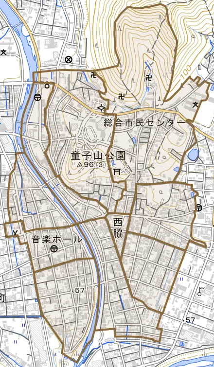 西脇とその周辺の地図。町の範囲を重ねている
