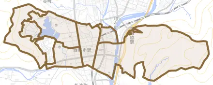 野村町とその周辺の地図。町の範囲を重ねている