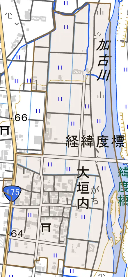 大垣内とその周辺の地図。町の範囲を重ねている