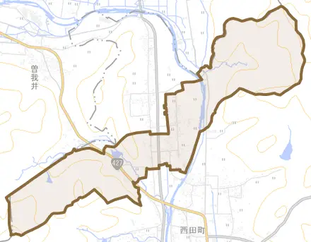大木町とその周辺の地図。町の範囲を重ねている