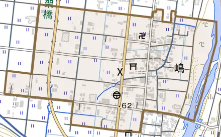嶋とその周辺の地図。町の範囲を重ねている