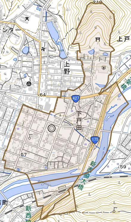 下戸田とその周辺の地図。町の範囲を重ねている