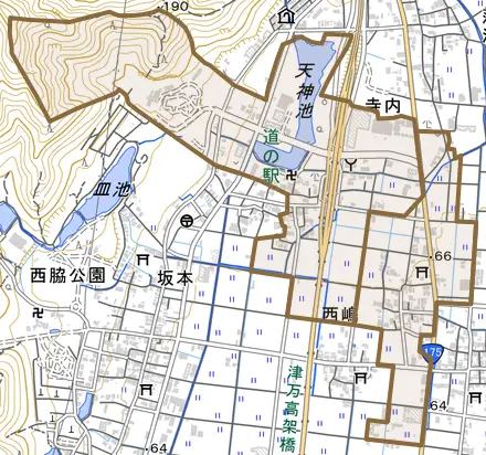 寺内とその周辺の地図。町の範囲を重ねている