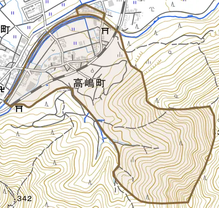 高嶋町とその周辺の地図。町の範囲を重ねている