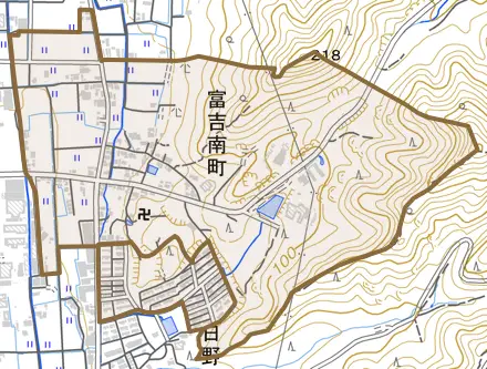 富吉南町とその周辺の地図。町の範囲を重ねている