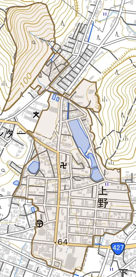 上野とその周辺の地図。町の範囲を重ねている