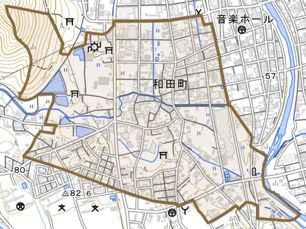 和田町とその周辺の地図。町の範囲を重ねている
