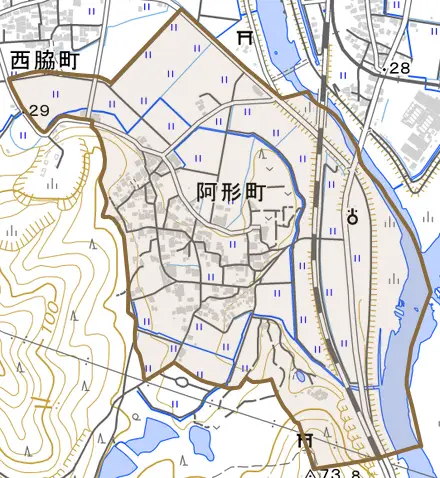 阿形町とその周辺の地図。町の範囲を重ねている