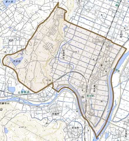 粟生町とその周辺の地図。町の範囲を重ねている