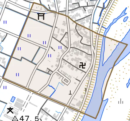 旭町とその周辺の地図。町の範囲を重ねている