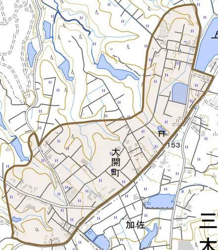 大開町とその周辺の地図。町の範囲を重ねている