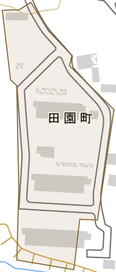 田園町とその周辺の地図。町の範囲を重ねている