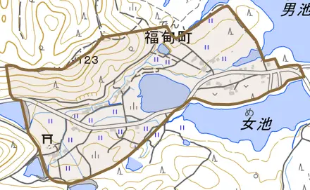 福甸町とその周辺の地図。町の範囲を重ねている