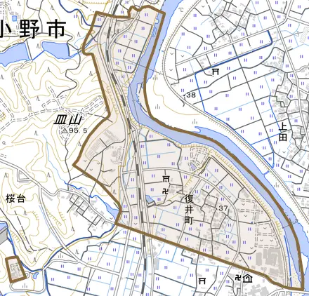 復井町とその周辺の地図。町の範囲を重ねている