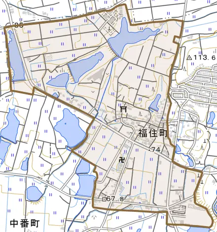 福住町とその周辺の地図。町の範囲を重ねている