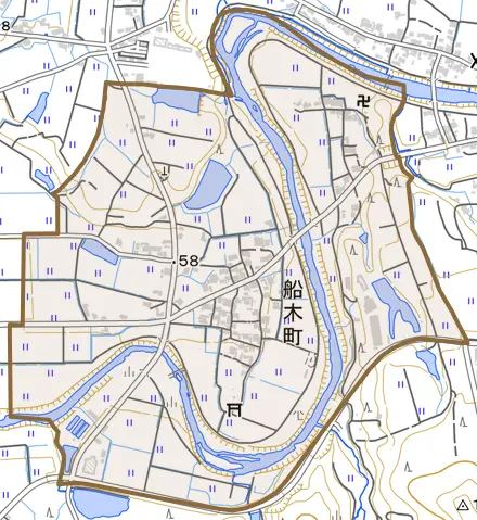船木町とその周辺の地図。町の範囲を重ねている