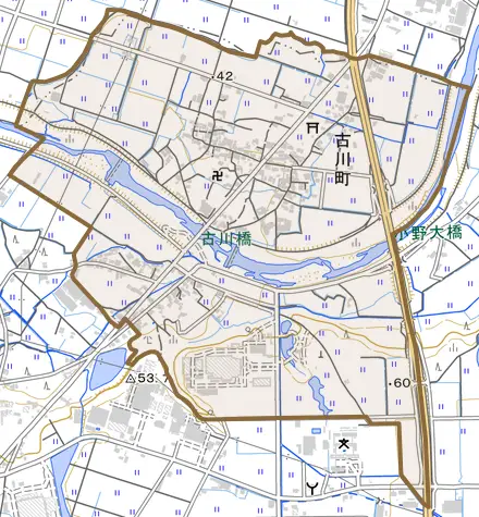 古川町とその周辺の地図。町の範囲を重ねている