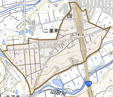 二葉町とその周辺の地図。町の範囲を重ねている