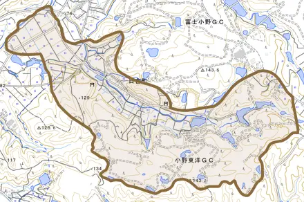 日吉町とその周辺の地図。町の範囲を重ねている
