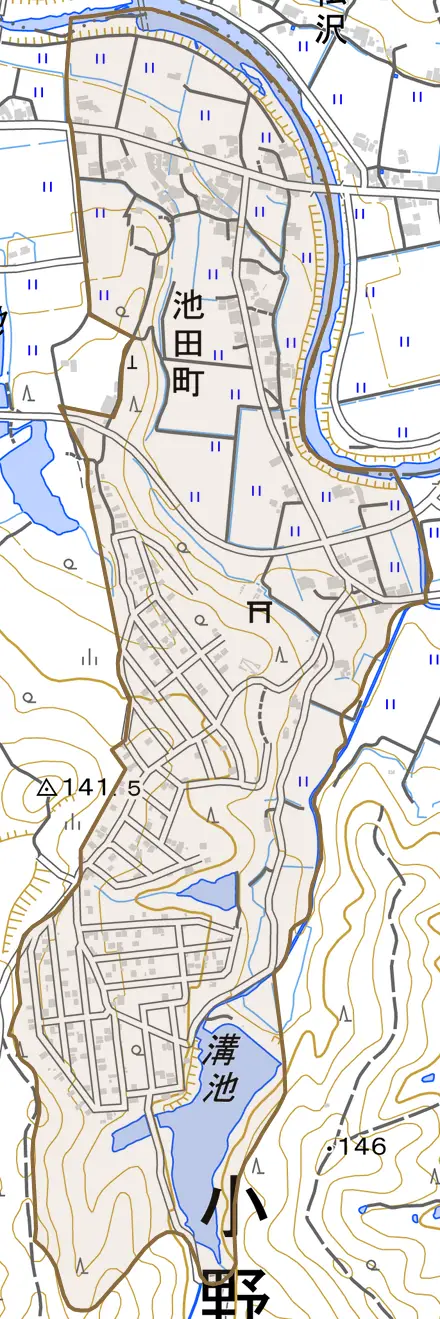 池田町とその周辺の地図。町の範囲を重ねている