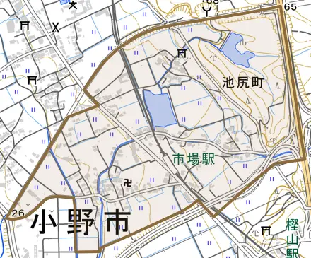 池尻町とその周辺の地図。町の範囲を重ねている