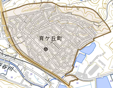 育ケ丘町とその周辺の地図。町の範囲を重ねている