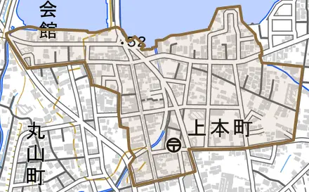 上本町とその周辺の地図。町の範囲を重ねている