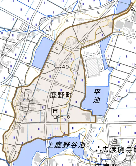 鹿野町とその周辺の地図。町の範囲を重ねている