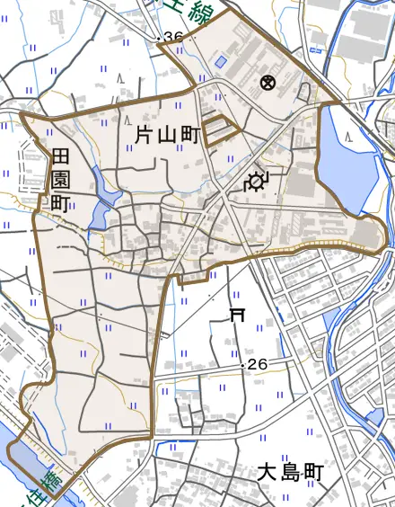 片山町とその周辺の地図。町の範囲を重ねている