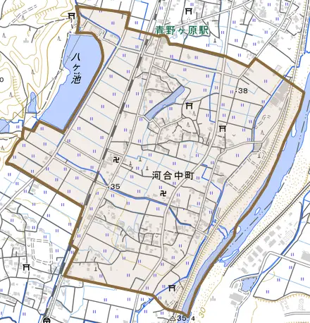 河合中町とその周辺の地図。町の範囲を重ねている