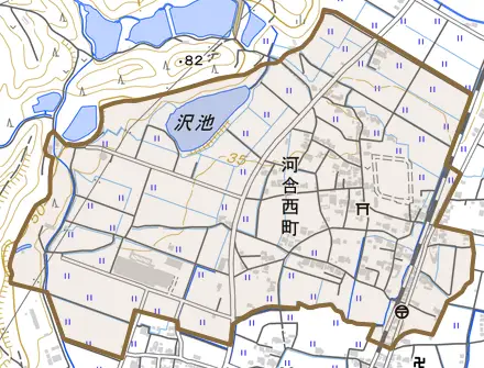 河合西町とその周辺の地図。町の範囲を重ねている