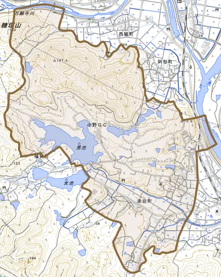 来住町とその周辺の地図。町の範囲を重ねている