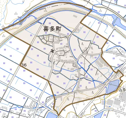 喜多町とその周辺の地図。町の範囲を重ねている