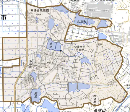 浄谷町とその周辺の地図。町の範囲を重ねている