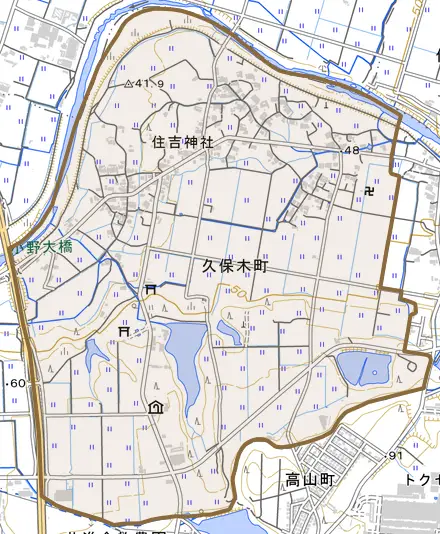久保木町とその周辺の地図。町の範囲を重ねている