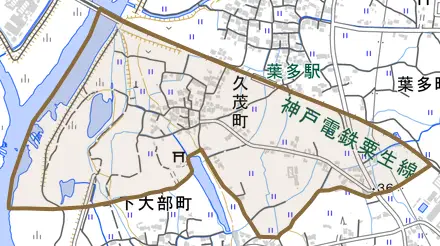 久茂町とその周辺の地図。町の範囲を重ねている