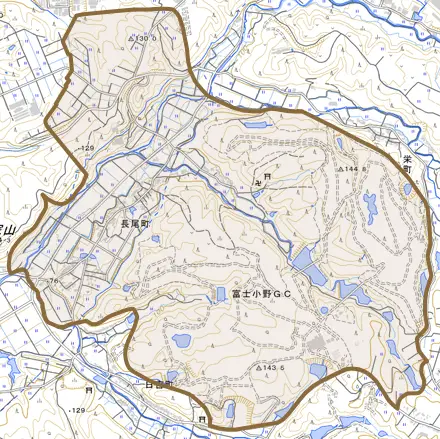 長尾町とその周辺の地図。町の範囲を重ねている