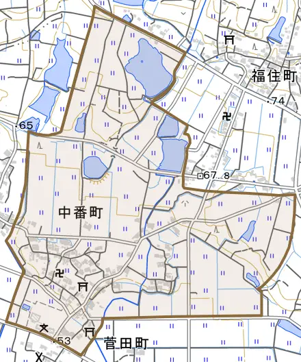 中番町とその周辺の地図。町の範囲を重ねている